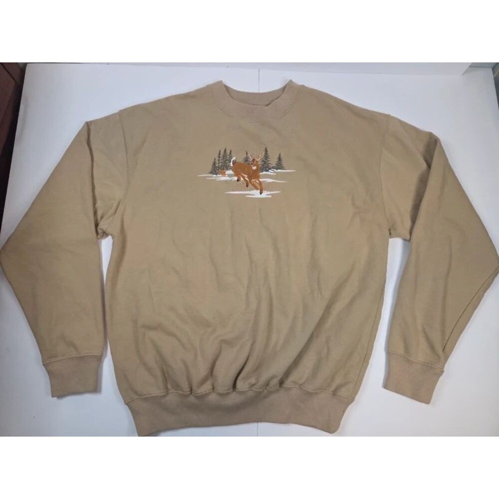 Vintage Embroidered Buck & Pine Trees Khaki Crewneck Sweatshirt Sz L